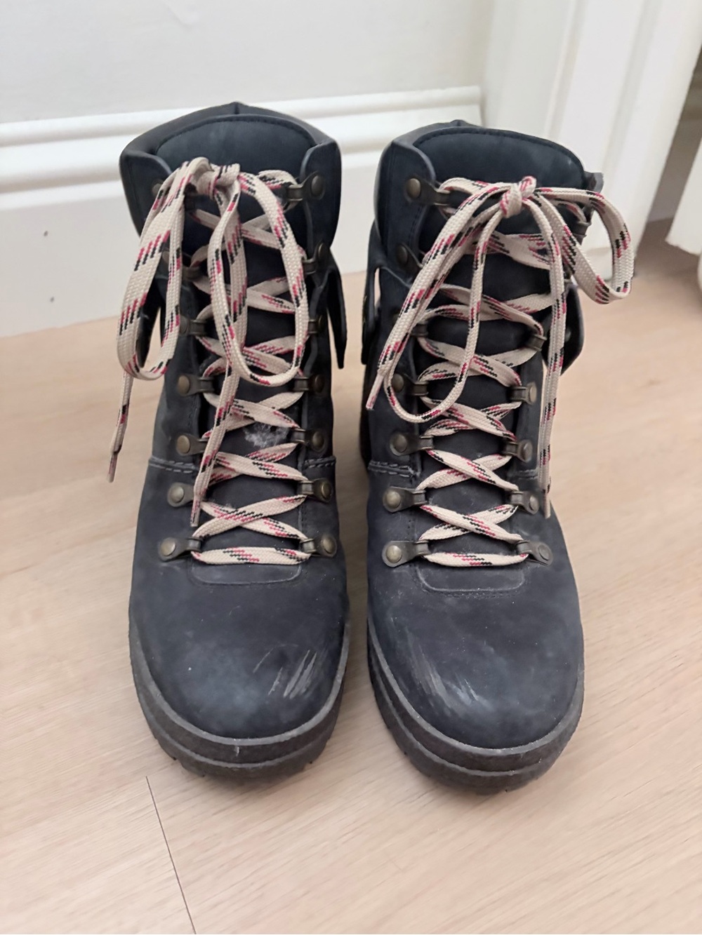 See By Chloé Black Leather Lace-Up Heeled Boots with Cream/Red Laces